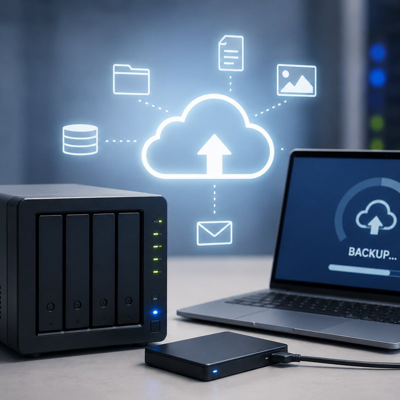 Modernes NAS-Speichersystem, externer Datenträger und Laptop mit Backup-Anzeige auf einem Schreibtisch. Darüber symbolisieren Cloud- und Datensymbole die Speicherung und Sicherung von Daten in einer modernen IT-Umgebung. Das Bild zeigt eine moderne IT-Arbeitsumgebung mit Fokus auf Datenspeicherung und Datensicherung. Im Vordergrund befindet sich ein NAS-System (Network Attached Storage) mit mehreren Laufwerksschächten. Daneben liegen ein externer Datenträger und ein geöffneter Laptop, auf dessen Bildschirm ein laufender Backup-Vorgang dargestellt ist. Über den Geräten sind grafische Symbole für Cloud-Speicher, Datenbanken, Dateien und digitale Kommunikation eingeblendet. Der Hintergrund erinnert an einen Serverraum mit unscharf dargestellten IT-Systemen und vermittelt eine professionelle Rechenzentrums-Atmosphäre. Das Bild visualisiert die Themen Storage, Backup, Datensicherheit und moderne Speicherlösungen.