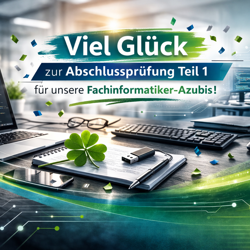 Viel Erfolg zur Abschlussprüfung Teil 1 – Fachinformatiker-Azubis Modernes Banner in Grün- und Blautönen mit der Aufschrift „Viel Glück zur Abschlussprüfung Teil 1 für unsere Fachinformatiker-Azubis“. Im Vordergrund ein aufgeräumter Arbeitsplatz mit Laptop, Code auf dem Bildschirm, Notizbuch, USB-Stick und vierblättrigem Kleeblatt. Im Hintergrund unscharfes Büro ohne erkennbare Gesichter.